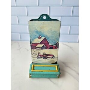 Vintage Jasco Hong Kong Tin Matchbox Holder Winter Barn Scene Metal Wall Mount